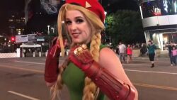 Rule 34 | 1girl, animated, ass, ass focus, bare shoulders, blonde hair, braid, breasts, cammy white, cammy white (cosplay), cosplay, fighting stance, hat, large breasts, leotard, long hair, photo (medium), reagan kathryn, real life, sleeveless, tagme, thong leotard, video