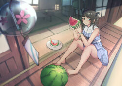 Rule 34 | 1girl, absurdres, barefoot, black bow, blue dress, bow, brown hair, day, drawer, dress, eating, feet, feifufung, food, fruit, green eyes, hair bow, highres, lantern, original, plate, porch, shouji, sitting, sleeveless, sliding doors, solo, summer, table, tatami, television, toes, two side up, watermelon, watermelon slice, wind chime, wristband