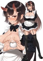 Rule 34 | 1girl, apron, black bow, black dress, black footwear, black neckwear, black thighhighs, blush, bow, bowtie, breast hold, breasts, brown hair, cleavage, clenched teeth, commentary request, crossed arms, dark skin, dress, enjo kouhai, frilled apron, frills, full body, garter straps, hair ornament, hairclip, heart, heart hands, high heels, highres, horns, juliet sleeves, large breasts, long hair, long sleeves, looking at viewer, maid, maid apron, multiple views, nose blush, open mouth, orange eyes, origamine ouka, pointy ears, puffy long sleeves, puffy sleeves, red eyes, short dress, simple background, skin-covered horns, standing, straight hair, takunomi, teeth, thighhighs, v-shaped eyebrows, very long hair, white apron, white background, wing collar, wrist cuffs