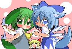 Rule 34 | &gt; &lt;, 3girls, animal ears, bad id, bad pixiv id, blonde hair, blue eyes, blue hair, bow, cirno, closed eyes, com (chocolate blossom), daiyousei, dog ears, dog tail, embodiment of scarlet devil, fang, green eyes, green hair, hair bow, hair ribbon, kemonomimi mode, multiple girls, open mouth, ribbon, rumia, short hair, side ponytail, tail, touhou, wings