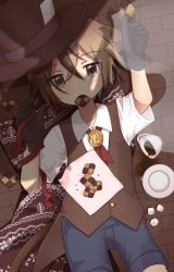 Rule 34 | arm up, black gloves, blue shorts, blush, brown eyes, brown hair, brown hat, brown vest, checkerboard cookie, collared shirt, commentary request, cookie, cup, dress shirt, food, food in mouth, gloves, hair between eyes, hat, highres, lying, mouth hold, multicolored hair, on back, on floor, original, saucer, shirt, shitada, short shorts, short sleeves, shorts, spill, sugar cube, teacup, transparent, two-tone hair, vest, white shirt, wooden floor