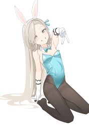 Rule 34 | 1girl, absurdres, aged down, alternate breast size, animal ears, asuna (blue archive), asuna (bunny) (blue archive), bad anatomy, bad arm, black pantyhose, blue archive, blue bow, blue bowtie, blue eyes, blue leotard, blue ribbon, bow, bowtie, detached collar, fake animal ears, flat chest, gloves, grin, gyaru v, hair ribbon, highres, kneeling, leotard, light brown hair, long hair, looking at viewer, official alternate costume, pantyhose, rabbit ears, ri-el, ribbon, simple background, smile, solo, strapless, strapless leotard, v, white background, white gloves