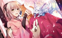 Rule 34 | 1girl, :d, :o, ahoge, animal, arm guards, black ribbon, blonde hair, blue capelet, blush, brown eyes, capelet, cat, cherry blossoms, commentary request, creature, day, falling petals, fate (series), fou (fate), hair between eyes, hair ribbon, hakama, hakama skirt, half updo, hirai yuzuki, holding, holding animal, holding cat, japanese clothes, kimono, koha-ace, licking, licking another&#039;s face, long sleeves, looking at viewer, motion blur, okita souji (fate), okita souji (koha-ace), open mouth, outdoors, petals, pink hakama, pink kimono, purple eyes, ribbon, short hair, sitting, skirt, smile, tree, wide sleeves, yellow eyes