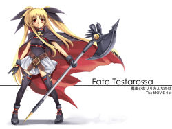 Rule 34 | 10s, 1girl, ankle boots, arm strap, bardiche (axe form) (nanoha), bardiche (nanoha), belt, belt bra, belt skirt, black gloves, black thighhighs, blonde hair, boots, breasts, buckle, cameltoe, character name, copyright name, fate testarossa, fate testarossa (movie 1st form), female focus, floating hair, full body, gloves, hair ribbon, halberd, high collar, holding, holding weapon, legs apart, leotard, long hair, looking at viewer, lyrical nanoha, magical girl, mahou shoujo lyrical nanoha, mahou shoujo lyrical nanoha the movie 1st, miniskirt, panties, pantyshot, parted bangs, pleated skirt, polearm, ribbon, serious, shadow, showgirl skirt, sidelocks, signature, simple background, skirt, small breasts, solo, standing, thighhighs, turtleneck, twintails, underwear, very long hair, weapon, white background, windart