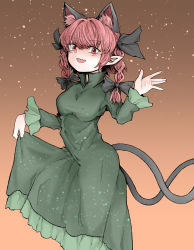 Rule 34 | 1girl, :d, animal ear fluff, animal ears, black bow, blush, bow, braid, brown background, cat ears, cat tail, dress, extra ears, fang, fe (tetsu), feet out of frame, green dress, hair between eyes, hair bow, hair ribbon, hand up, high collar, highres, kaenbyou rin, light particles, looking at viewer, multiple tails, nekomata, open mouth, pointy ears, red eyes, red hair, ribbon, simple background, skin fang, skirt hold, smile, solo, tail, touhou, tress ribbon, twin braids, twintails, two tails, waving, ||/