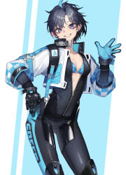 Rule 34 | 1girl, ahoge, biker clothes, bikesuit, bikini, bikini top only, bikini under clothes, black gloves, black hair, black survival, blue bikini, blue eyes, bodysuit, center opening, checkered bikini, checkered clothes, commentary, cowboy shot, dyed ahoge, earrings, gloves, grin, hand on own hip, hand up, highres, jewelry, looking at viewer, partially unzipped, short hair, silvia piquet, smile, solo, standing, swimsuit, tunamayo (dsasd751)