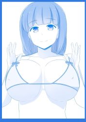 Rule 34 | 1girl, arm up, arms at sides, arms up, bikini, bikini pull, blue theme, breast hold, breasts, cleavage, clothes pull, female focus, huge breasts, large breasts, long hair, looking at viewer, monochrome, nao (ritsancrossover), nipples, original, ribbon, simple background, smile, solo, swimsuit, upper body, white background