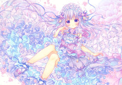 Rule 34 | 1girl, blush, bobby socks, bow, bracelet, cherry blossoms, commentary, detached sleeves, double bun, dress, feet out of frame, floating hair, floral background, flower, frilled dress, frills, hair bow, hair bun, hair flower, hair ornament, hairband, hand up, jewelry, lolita fashion, lolita hairband, long hair, looking at viewer, marker (medium), original, petals, petticoat, pink flower, purple bow, purple dress, purple eyes, purple footwear, puu (kari---ume), ribbon, shoes, sidelocks, silver hair, socks, solo, tassel, too many, too many frills, traditional media, twintails, very long hair, white background, wide sleeves