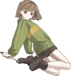 Rule 34 | 1other, :&lt;, black shorts, brown eyes, brown hair, chara (undertale), closed mouth, full body, green sweater, highres, holding, holding knife, i3dpi, knife, long sleeves, looking at viewer, other focus, shoes, short hair, short shorts, shorts, simple background, solo, sweater, undertale, white background
