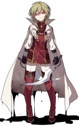 Rule 34 | 1boy, androgynous, boots, cape, dark persona, full body, green hair, hijiri (resetter), looking at viewer, male focus, original, red eyes, short hair, smile, solo, sword, thigh boots, thighhighs, trance (hijiri), weapon, white background