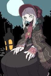 Rule 34 | 1girl, artist request, bloodborne, bonnet, doll joints, dress, eyelashes, flower, hair flower, hair ornament, highres, joints, lantern, looking at viewer, moon, plain doll, poncho, silver hair, solo, tree