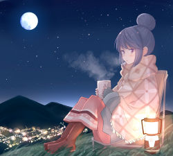 Rule 34 | 1girl, aqua gloves, blue hair, blush, boots, brown footwear, chair, city lights, cup, fingerless gloves, from side, full body, full moon, gloves, grass, highres, hill, holding, lantern, moon, mug, night, outdoors, parted lips, pink eyes, shawl, shima rin, sitting, solo, steam, yosshii (ne ko matter), yurucamp
