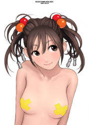 Rule 34 | 1girl, arms at sides, cross pasties, dated, eyelashes, female focus, hair between eyes, hair bobbles, hair ornament, head tilt, original, pasties, ryu (ryu&#039;s form site), simple background, solo, tape, tape on nipples, topless, topless frame, upper body, white background