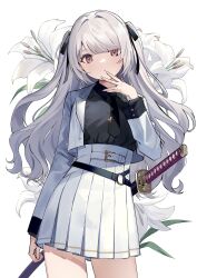 Rule 34 | 1girl, belt, black necktie, black ribbon, cowboy shot, finger to mouth, flower, grey hair, hair ribbon, highres, jacket, katana, lily (flower), long hair, long sleeves, looking at viewer, necktie, o-ring, original, parted lips, pink eyes, pleated skirt, ribbon, scabbard, sheath, sheathed, simple background, skirt, solo, standing, sword, twintails, urata asao, weapon, white background, white belt, white flower, white jacket, white lily, white skirt