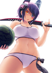 Rule 34 | 1girl, bikini, breasts, cleavage, eyepatch, food, from below, fruit, gluteal fold, headgear, holding sword, kantai collection, large breasts, looking at viewer, looking down, open mouth, purple hair, school uniform, short hair, simple background, solo, swimsuit, sword, syacyo, tenryuu (kancolle), watermelon, weapon, white background, white bikini, yellow eyes