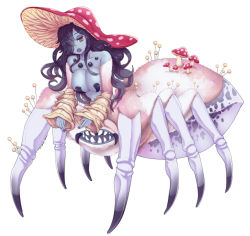 Rule 34 | 1girl, :o, @ @, arachne, arthropod girl, arthropod limbs, bare shoulders, black hair, black nails, blue skin, breasts, carapace, collarbone, colored skin, commentary request, detached sleeves, extra legs, eyebrows hidden by hair, fangs, fly agaric, full body, fungus, hair over one eye, highres, insect girl, large breasts, long hair, looking at viewer, monster girl, multiple legs, mushroom, mushroom girl, mushroom hat, nail polish, nakata shizu, original, parasite, red eyes, sharp teeth, sidelocks, simple background, sizuori, solo, spider girl, standing, stomach, taur, teeth, wavy hair, white background, wide sleeves