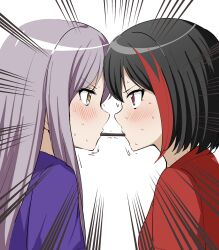 Rule 34 | 2girls, bang dream!, barkhorn0331, black hair, blush, brown eyes, emphasis lines, eye contact, food, highres, long hair, looking at another, minato yukina, mitake ran, multicolored hair, multiple girls, pocky, pocky game, purple hair, red eyes, red hair, short hair, simple background, sweat, nervous sweating, trembling, white background, yuri