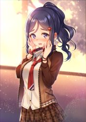 Rule 34 | 1girl, blue hair, blush, bracelet, brown jacket, brown skirt, collared shirt, commentary request, hands on own cheeks, hands on own face, jacket, jewelry, long sleeves, looking at viewer, love live!, love live! school idol festival, love live! sunshine!!, matsuura kanan, moyui (myi 005), necktie, ponytail, purple eyes, red necktie, scrunchie, shirt, sidelocks, skirt, solo, sweatdrop, wavy hair, white shirt, wrist scrunchie