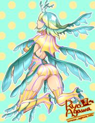 Rule 34 | 1girl, agawa ryou, artist name, ass, bad id, bad pixiv id, blue eyes, breasts, commentary request, garter straps, gradient hair, high heels, kneeling, monster girl, multicolored hair, original, outline, polka dot, polka dot background, sideboob, solo, thighhighs, watermark, web address