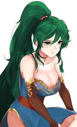 Rule 34 | 1girl, adapted costume, alternate costume, bare shoulders, blue dress, blush, breasts, brown detached sleeves, choker, cleavage, detached sleeves, dress, female focus, fire emblem, fire emblem: the blazing blade, fire emblem heroes, gold trim, green eyes, green hair, hair between eyes, hair ornament, high ponytail, highres, jewelry, large breasts, long hair, looking down, lyn (fire emblem), necklace, nintendo, ormille, parted lips, pelvic curtain, ponytail, side slit, simple background, solo, strapless, strapless dress, thighs, very long hair, white background