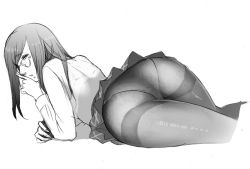Rule 34 | 1girl, ass, black pantyhose, commentary request, greyscale, long hair, looking at viewer, monochrome, original, panties, panties under pantyhose, pantyhose, satsuki hayanori, simple background, skirt, solo, underwear, white background