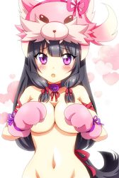 Rule 34 | 1girl, :o, animal hands, animal hat, artist request, bad anatomy, black hair, blunt bangs, blush, breasts, choker, collarbone, covering breasts, covering privates, cowboy shot, eyebrows, eyelashes, fangs, female focus, flower knight girl, gloves, hair ribbon, hat, heart, heart background, large breasts, long hair, looking at viewer, navel, nude, open mouth, paw gloves, pink gloves, pink hat, purple eyes, red ribbon, ribbon, shakuyaku (flower knight girl), shiny skin, solo, stomach, tress ribbon, wolf hat, wolf paws