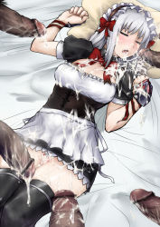 Rule 34 | 1girl, alternate costume, bad id, bad pixiv id, bar censor, bare arms, bed, black dress, black thighhighs, blood, blush, bow, breasts, bukkake, censored, cleavage cutout, closed eyes, clothing cutout, cosmic break, cum, cum on body, cum on clothes, cum on lower body, cum on upper body, dress, dutch angle, enmaided, erection, eris (cosmic break), facial, flaccid, group sex, interracial, legs together, long hair, lying, maid, maid headdress, microdress, multiple penises, on back, open mouth, panties, penis, pillow, pov, puffy short sleeves, puffy sleeves, red bow, red neckwear, short sleeves, skj, sleeping, small breasts, solo, striped clothes, striped panties, thigh gap, thighhighs, underwear, veins, veiny penis, white hair, zettai ryouiki