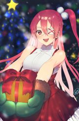 Rule 34 | 1girl, blush, breasts, christmas, dress, eyepatch, gift, gloves, highres, long hair, looking at viewer, murata tefu, open mouth, original, pink eyes, pink hair, smile, solo