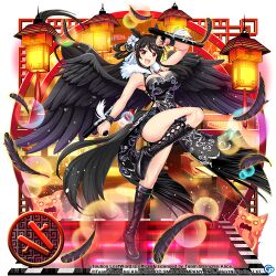 Rule 34 | 1girl, :d, alternate costume, animal ears, black dress, black feathers, black footwear, black hair, black wings, breasts, china dress, chinese clothes, cleavage, commentary, copyright name, copyright notice, dress, english commentary, feathers, flower, full body, game cg, hair flower, hair ornament, holding, holding weapon, horse ears, horse girl, horse tail, kurokoma saki, kurokoma saki (strong-legged gift horse), lantern, large breasts, long hair, looking at viewer, open mouth, pegasus wings, red eyes, rotte (1109), sidelocks, smile, solo, tail, thighs, third-party source, tonfa, touhou, touhou lostword, weapon, white flower, wings, wolf spirit (touhou)