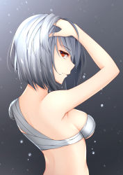 Rule 34 | 1girl, amputee, aoki touji, arm up, back, bandages, bob cut, breasts, cartagra, closed mouth, dripping, eyebrows, eyelashes, from behind, gradient background, grey background, grey hair, hand in own hair, hand on own head, healther, looking at viewer, motion blur, naked bandage, nude, profile, snowing, solo, underboob, upper body, water drop