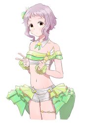Rule 34 | 1girl, commentary request, cowboy shot, crop top, detached collar, expressionless, flat chest, frilled wristband, frills, grey shirt, grey shorts, hair ornament, hassakup, holding, holding microphone, idolmaster, idolmaster million live!, looking at viewer, makabe mizuki, microphone, navel, purple hair, shirt, short hair, short shorts, shorts, sidelocks, solo, star ornament, stomach, thigh strap, thighs, v, wavy hair, white background, yellow eyes