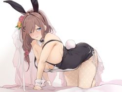 Rule 34 | 1girl, all fours, animal ears, bed sheet, black bow, black bowtie, black leotard, blue eyes, blush, bow, bowtie, breasts, bridal veil, brown hair, cleavage, detached collar, fake animal ears, fake tail, fishnet pantyhose, fishnets, flower, hair flower, hair ornament, hair over one eye, hairclip, hanging breasts, large breasts, leotard, long hair, looking at viewer, nijisanji, pantyhose, parted lips, playboy bunny, rabbit ears, rabbit tail, red flower, red rose, rose, simple background, smile, solo, strap slip, suzuhara lulu, tail, uno ryoku, veil, virtual youtuber, white background, white pantyhose, wrist cuffs, x hair ornament, yellow flower