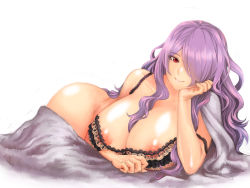 Rule 34 | 1girl, black bra, bottomless, bra, breasts, camilla (fire emblem), female focus, fire emblem, fire emblem fates, hair over one eye, huge breasts, large breasts, long hair, looking at viewer, lying, nail polish, nintendo, nipples, on side, pocari66, purple hair, red eyes, simple background, smile, solo, underwear, underwear only, white background