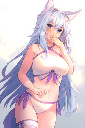 Rule 34 | 1girl, animal ear fluff, animal ears, artist name, bikini, blue eyes, blush, commentary, covering own mouth, cowboy shot, english commentary, fox ears, fox girl, fox tail, grey background, grey hair, hand over own mouth, highres, long hair, looking at viewer, navel, original, simple background, single thighhigh, solo, stomach, swimsuit, tail, thighhighs, very long hair, white bikini, white thighhighs, yokura (yukilina)