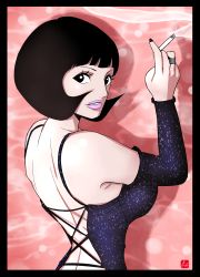 Rule 34 | 1girl, backless dress, backless outfit, black border, black eyes, black hair, black nails, border, breasts, chris re5, cigarette, detached sleeves, dress, female focus, highres, holding, holding cigarette, jewelry, large breasts, nail polish, one piece, ring, shakuyaku (one piece), short hair, solo