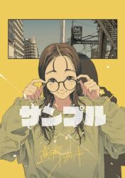 1girl adjusting_eyewear brown_hair building forehead glasses green_shirt long_hair looking_at_viewer mole mole_under_eye original power_lines shirt sky smile solo takayanagi_katsuya tareme