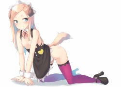 Rule 34 | 1girl, all fours, animal ears, apron, bad id, bad pixiv id, blonde hair, blue eyes, blush, bottomless, breasts, detached collar, dog ears, dog girl, dog tail, flat chest, high heels, highres, long hair, maid headdress, naked apron, nipples, original, purple thighhighs, shoes, small breasts, smile, solo, tail, thighhighs, u (mikaduki0720), white background, wrist cuffs