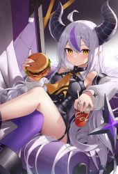 Rule 34 | 1girl, absurdres, ahoge, ascot, black horns, black nails, blush, burger, closed mouth, cup, detached sleeves, drinking straw, fingernails, food, hair between eyes, highres, holding, holding cup, holding food, hololive, horns, kaguya (srx61800), la+ darknesss, long hair, looking at viewer, multicolored hair, nail polish, orange ascot, pantyhose, purple hair, purple pantyhose, single leg pantyhose, sitting, solo, streaked hair, striped horns, tail, thighs, very long hair, virtual youtuber, white hair, white sleeves, yellow eyes