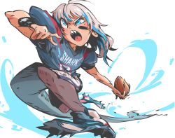 Rule 34 | 1girl, american football, american football (object), american football uniform, ball, blue eyes, blue footwear, fins, fish tail, gawr gura, highres, hololive, hololive english, khyle., multicolored hair, open mouth, print shirt, shark girl, shark tail, sharp teeth, shirt, shoes, short sleeves, solo, sportswear, streaked hair, tail, teeth, upper teeth only, virtual youtuber, white background, white hair
