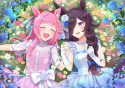 Rule 34 | 2girls, alternate costume, alternate hairstyle, animal ears, back bow, blue bow, blue dress, blue flower, blue rose, blush, bow, braid, braided ponytail, bridal veil, bride, brown hair, chikabo m, closed eyes, commentary request, dress, ear flower, flower, gloves, grass, hair down, hair over one eye, haru urara (umamusume), holding hands, horse ears, horse girl, horse tail, jewelry, multiple girls, necklace, on ground, pink dress, pink hair, purple eyes, red bow, rice shower (umamusume), rose, smile, tail, twitter username, umamusume, veil, wedding dress, white gloves