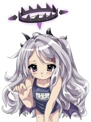 Rule 34 | 1girl, blue archive, demon wings, expressionless, flat chest, grey hair, hair ornament, hairclip, halo, highres, hina (blue archive), hina (swimsuit) (blue archive), horns, long hair, looking at viewer, low wings, name tag, one-piece swimsuit, purple eyes, school swimsuit, shinsekai (z o10), solo, swimsuit, very long hair, wings