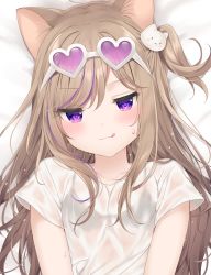 Rule 34 | 1girl, :q, animal ear fluff, animal ears, bad id, bad pixiv id, bed sheet, black bra, blush, bra, bra visible through clothes, breasts, brown hair, cat ears, cat hair ornament, closed mouth, collarbone, grey-framed eyewear, hair between eyes, hair ornament, heart, heart-shaped eyewear, long hair, looking at viewer, lying, mafuyu (chibi21), multicolored hair, on back, one side up, original, purple-tinted eyewear, purple eyes, purple hair, see-through, shirt, short sleeves, small breasts, smile, solo, streaked hair, sweat, tinted eyewear, tongue, tongue out, underwear, upper body, wet, wet clothes, wet hair, wet shirt, white shirt