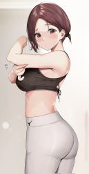 Rule 34 | 1girl, azuki yui, bare arms, blush, breasts, brown eyes, brown hair, closed mouth, highres, large breasts, looking at viewer, original, pants, pinching, ponytail, short hair, short ponytail, simple background, solo, sports bra, tight clothes, tight pants, white pants, wide hips