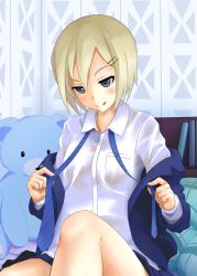 Rule 34 | 1girl, :q, bad id, bad pixiv id, blonde hair, blue eyes, blush, book, dress shirt, erica hartmann, grey eyes, hair ornament, hairclip, naughty face, necktie, nemo (piisukun), shirt, short hair, solo, strike witches, stuffed animal, stuffed toy, teddy bear, tongue, tongue out, undressing, world witches series