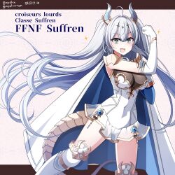 Rule 34 | 1girl, absurdres, asymmetrical sleeves, azur lane, breasts, cape, character name, dated, dress, elbow gloves, french text, gloves, grey eyes, grey hair, hebitsukai-san, highres, horns, large breasts, letterboxed, long hair, looking at viewer, open mouth, smile, solo, suffren (azur lane), tail, twitter username, white cape, white dress, white gloves