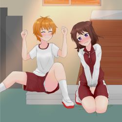 Rule 34 | 2girls, bang dream!, between legs, blue panties, blush, breasts, brown hair, clenched hands, closed eyes, closed mouth, collarbone, embarrassed, female focus, full body, gym uniform, hair ornament, hairclip, hand between legs, hands up, have to pee, highres, jacket, kitazawa hagumi, kneeling, legs together, long sleeves, multiple girls, nose blush, open mouth, orange hair, own hands together, panties, panty peek, peeing, peeing self, puddle, purple eyes, raglan sleeves, red footwear, red jacket, red shorts, sen no yugami, shirt, shoes, short hair, short sleeves, shorts, sitting, skindentation, small breasts, socks, spread legs, striped clothes, striped panties, textless version, toyama kasumi, track jacket, trembling, underwear, upshorts, v arms, wavy mouth, wet, wet clothes, white legwear, white shirt, zipper, zipper pull tab
