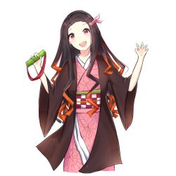 Rule 34 | 1girl, :d, bamboo, bit gag, black hair, brown hair, checkered sash, claw pose, cropped torso, fang, gag, hair ribbon, hands up, head tilt, holding, japanese clothes, kamado nezuko, kimetsu no yaiba, kimono, long hair, long sleeves, looking at viewer, multicolored hair, obi, open clothes, open mouth, pink kimono, pink ribbon, red eyes, ribbon, rocm (nkkf3785), sash, simple background, smile, solo, standing, two-tone hair, upper body, very long hair, white background, wide sleeves