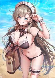 Rule 34 | 1girl, absurdres, armband, asuna (blue archive), bag, beach, bikini, black bikini, blue archive, blue eyes, blue nails, breasts, cleavage, collarbone, grin, halo, hand in own hair, highres, holding, holding bag, kokukyukeo, large breasts, light brown hair, long hair, looking at viewer, maid headdress, nail polish, navel, outdoors, smile, solo, swimsuit, thigh strap, wristband