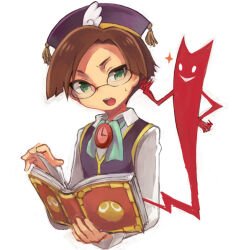 Rule 34 | 1boy, blue ribbon, book, brown hair, cropped torso, demon, glasses, green eyes, hat, holding, holding book, karatou, klug (puyopuyo), long sleeves, male focus, open book, open mouth, pocket watch, purple hat, purple vest, puyo (puyopuyo), puyopuyo, puyopuyo fever, ribbon, shirt, short hair, simple background, sparkle, vest, watch, white shirt, wing hat ornament