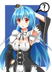 Rule 34 | 10s, 1girl, ?, absurdres, alternate costume, artist name, bad id, bad pixiv id, black ribbon, blue hair, blue hat, breasts, cleavage, cosplay, detached sleeves, dress, frilled dress, frills, hair between eyes, hand on own head, hand on own hip, hat, highres, idol, long hair, looking away, mini hat, multicolored clothes, multicolored dress, open mouth, quincy (warship girls r), re:zero kara hajimeru isekai seikatsu, rectangle, red eyes, rem (re:zero), rem (re:zero) (cosplay), ribbon, ribbon-trimmed dress, simple background, solo, standing, underbust, warship girls r, wide sleeves